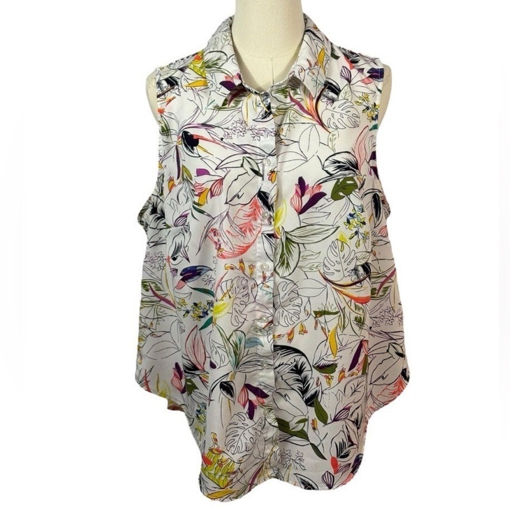 A New Day White Button Up Tank w/ Multicolor Botanical Pattern (Size 1X)